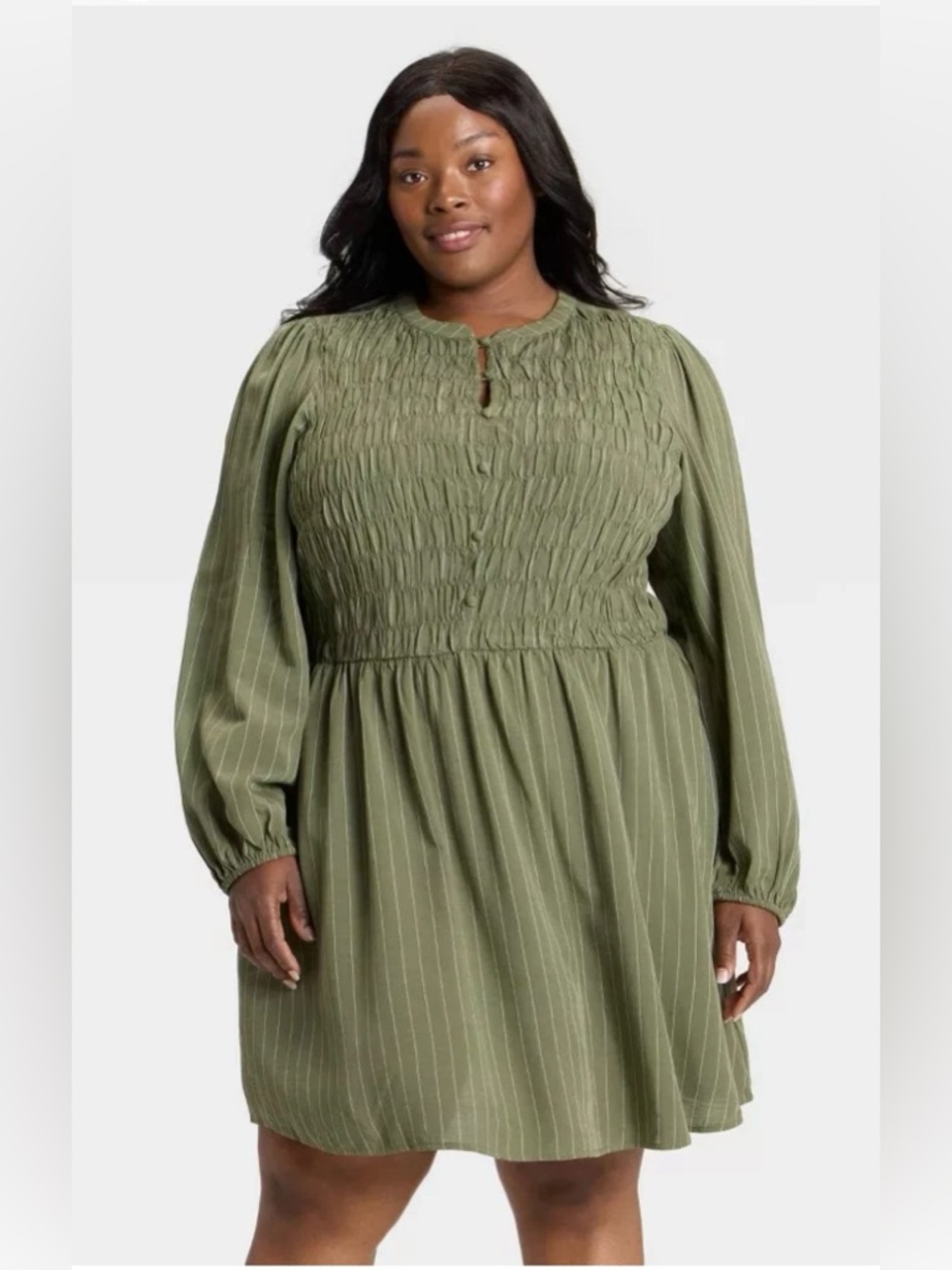 Women's Bishop Long Sleeve
Button-Up Smocked Mini Dress - Ava & Viv Size 3X